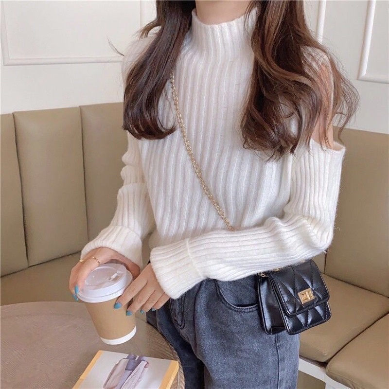 Áo Len Nữ Cổ Lọ, Áo Len Khoét Hai Vai Thời Trang Nữ Siêu Xinh