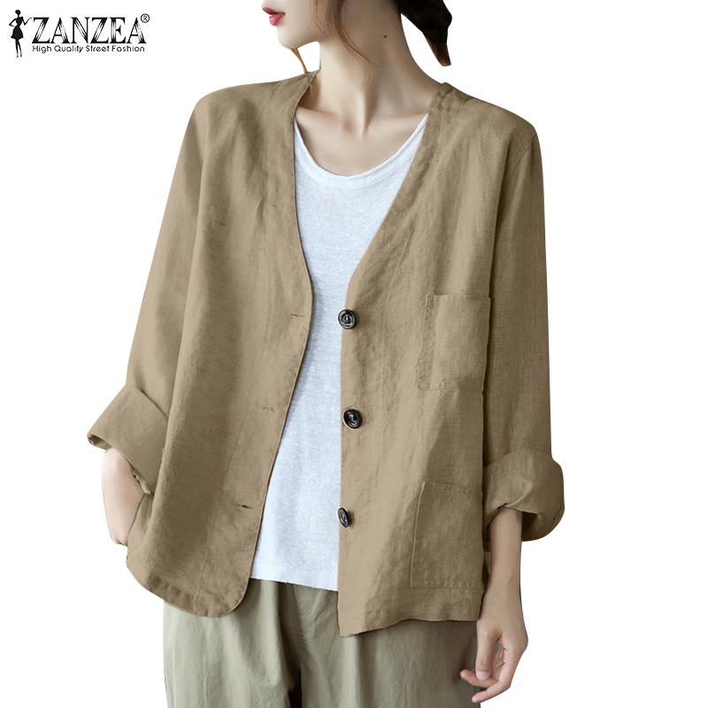 Áo khoác blazer ZANZEA nữ dài tay cổ chữ V thời trang vintage