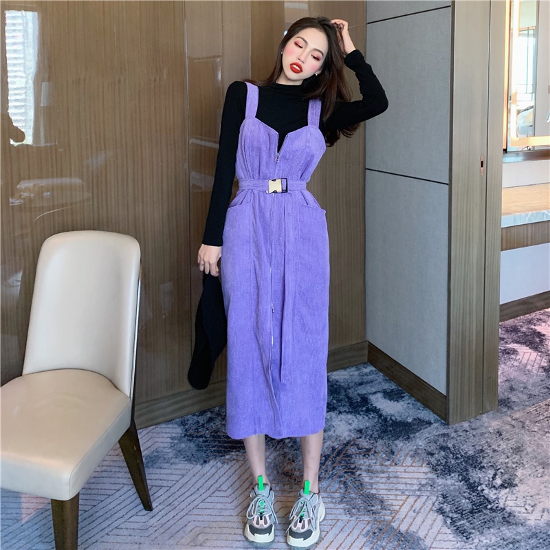 Đầm Hai Dây Dài Ngang Bắp Chân Dáng Thẳng Không Tay Màu Trơn Có Khóa Kéo Và Thắt Lưng Thời Trang Hàn Quốc