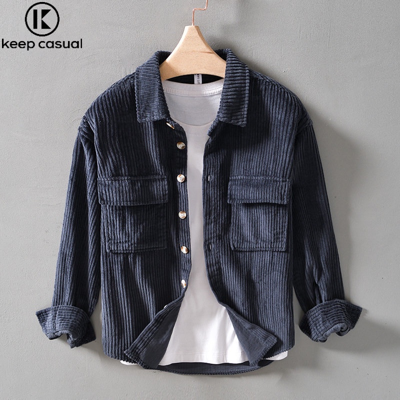 {Keep Casual} Áo Khoác Sơ Mi Cotton Kẻ Sọc Ngang Tay Dài Phong Cách Retro Thường Ngày Cho Nam