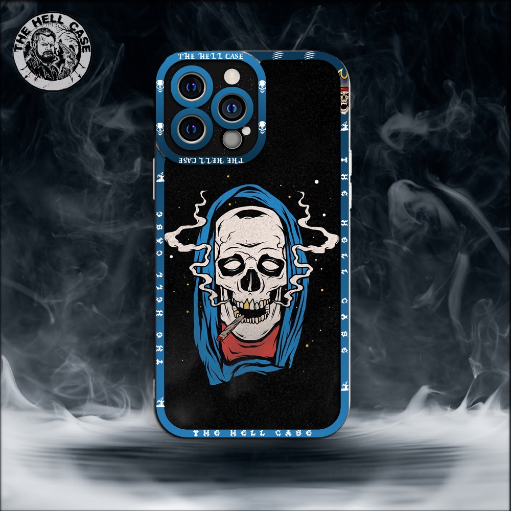 Ốp iphone cạnh vuông viền xanh in hình đầu lâu cùng khói thuốc siêu ngầu phong cách mỹ TheHellCase bằng nhựa bền dẻo đẹp