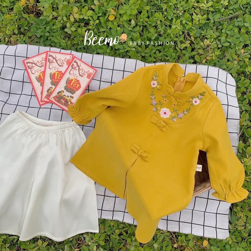 Set áo dài nhung tăm thêu hoa kèm quần cho bé gái từ 8-23kg