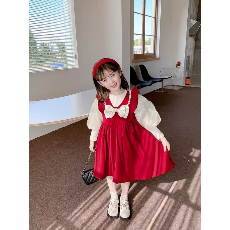 Váy Nhung đỏ cho bé gái, Set váy thu đông cho bé gái diện tết diện noel siêu dễ thương từ 7 - 20kg