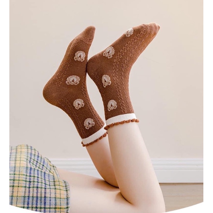 SET 10 ĐÔI TẤT HÌNH GẤU NÂU KẺ HOA BT GB