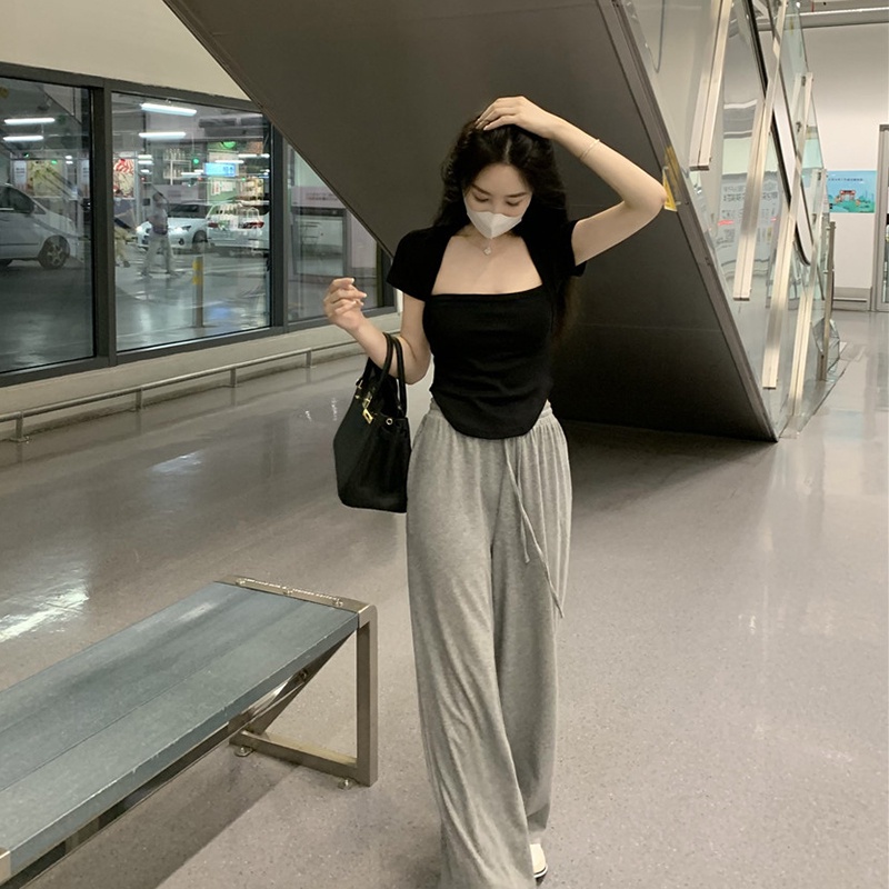 IELGY Áo Thun Tay Ngắn Cổ Vuông Dáng Ôm Thời Trang Dành Cho Nữ