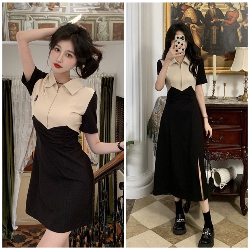 H.A.N STORE Váy đầm cổ POLO khóa ngực be đen hai dáng ngắn dài phong cách Hàn Quốc