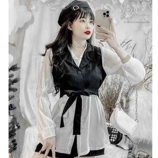 Sét áo khoác vest sát nách cột nơ kèm áo sơ mi voan from dài sang chảnh