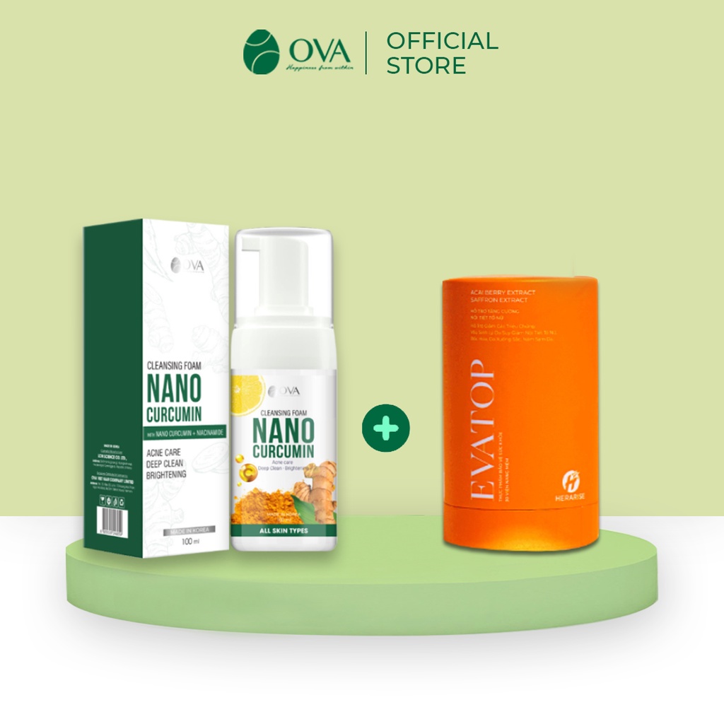 Combo Nano bưởi đỏ Hera làm sáng da đẹp dáng và Sữa rửa mặt Nano Curcumin Ova giảm mụn sạch sâu