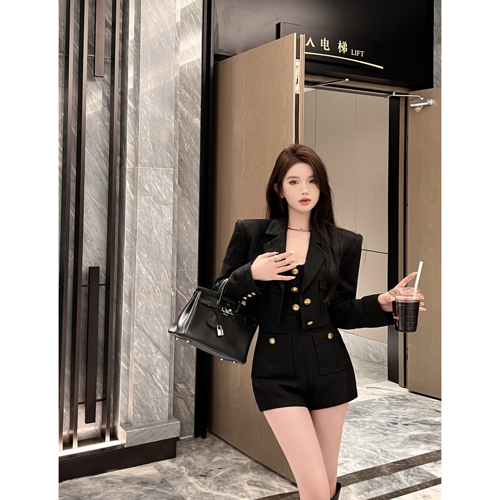 Real Shot Time Price Hepburn Bộ Áo Liền Quần / Áo Thun / Quần Short Vải Dệt Màu Vàng Đen Công Nghiệp Nặng Cao Cấp Cho Nữ