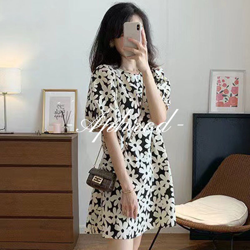 Aphrod   Đầm Tay Phồng Dáng Rộng In Họa Tiết Đơn Giản Thời Trang Pháp Cổ Điển Cho Nữ