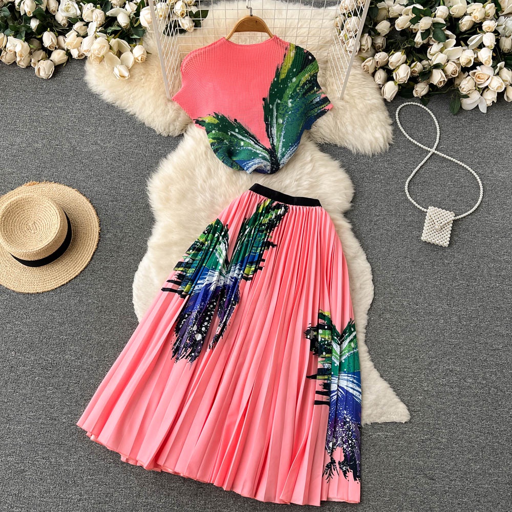 Set áo dệt tay ngắn + chân váy xếp ly họa tiết siêu xinh đủ size