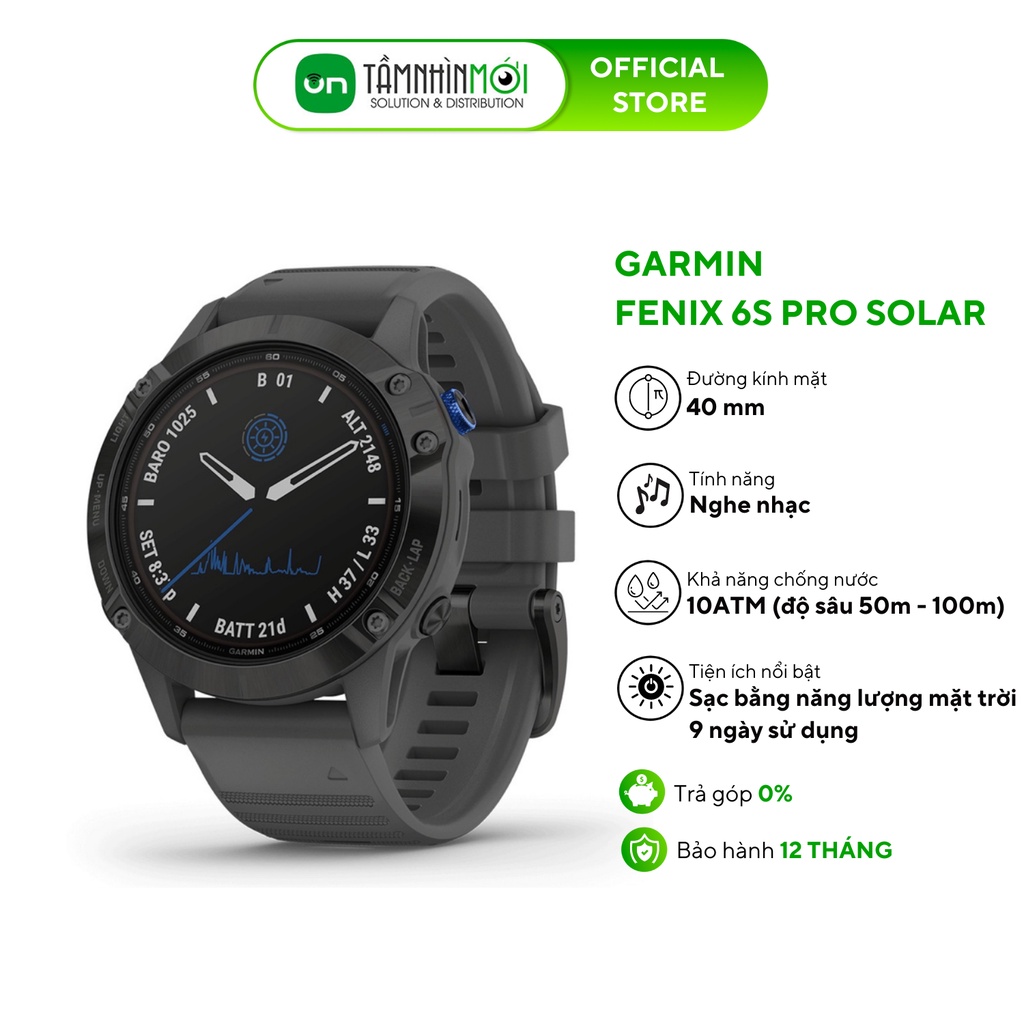 Đồng hồ thông minh fenix 6S Pro Solar, Lt. Đen với dây màu đá phiến xám, Đồng hồ GPS, SEA - Hàng chính hãng