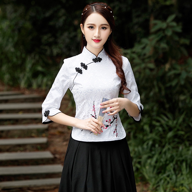 IELGY  Áo Thun Qipao Tay Dài Vừa Thêu Họa Tiết Màu Đỏ Phong Cách Trung Hoa Cổ Điển Thời Trang Cho Nữ