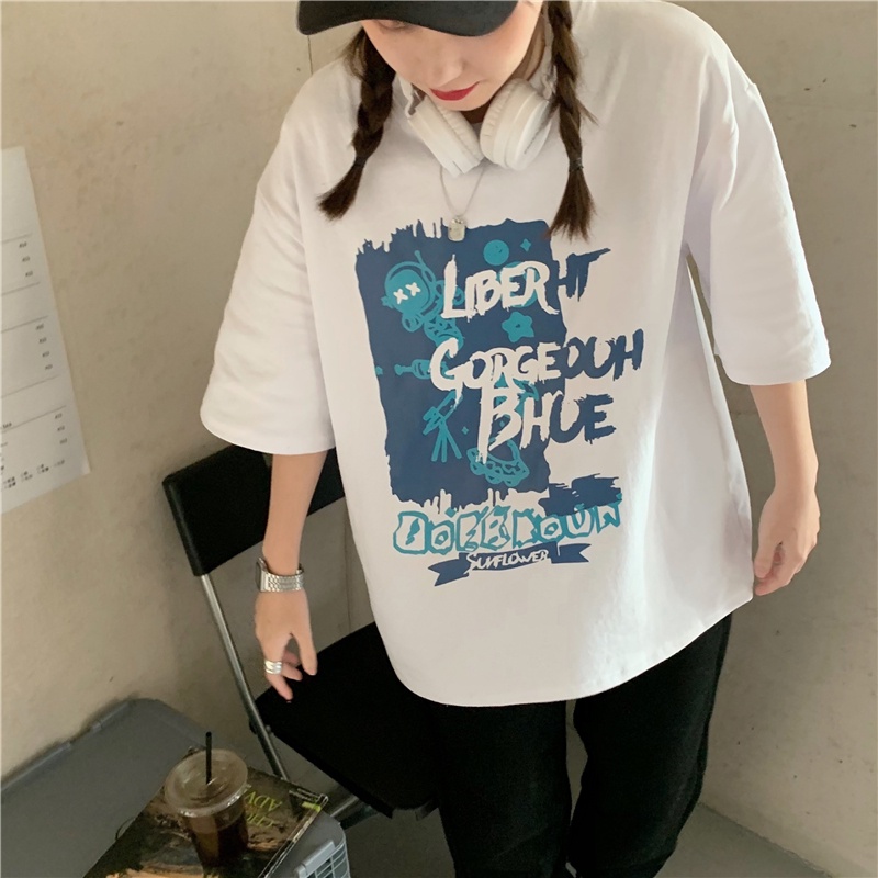 Áo Thun Ngắn Tay Dáng Rộng In Họa Tiết Xinh Xắn Theo Phong Cách Hàn Quốc
