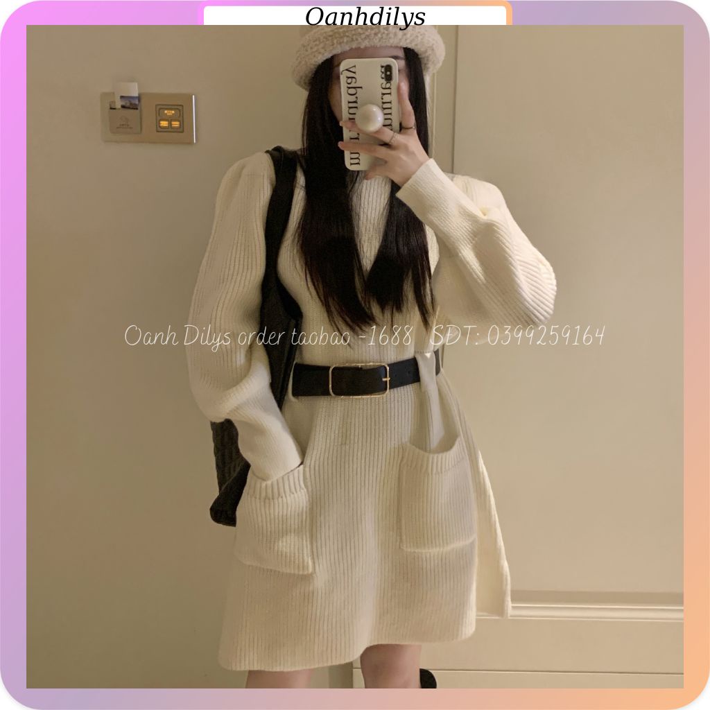 Váy len dài tay cổ 3 phân kèm đai, đầm len nữ cao cấp hàng order Taobao nhà Oanh Dilys