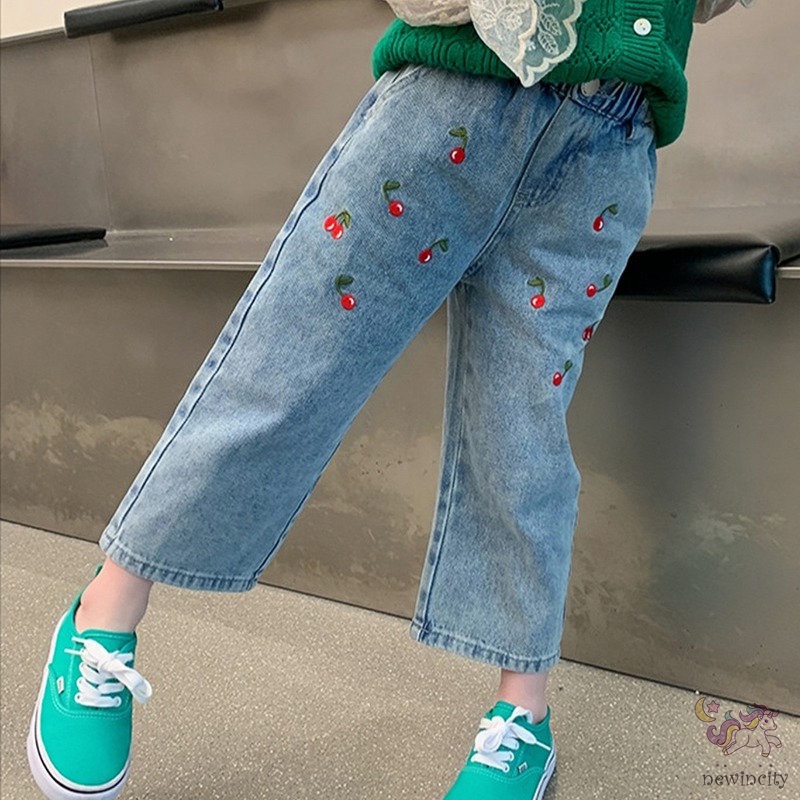 Quần Jean Dài Dáng Suông Rộng Lưng Thun Thêu Hình Cherry Kiểu Hàn Quốc Dễ Thương Cho Bé Gái