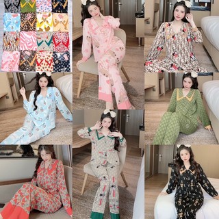 Bộ lụa Pijama tay dài cổ nhọn 2 lá chất Mango mềm mịn, hàng thiết kế