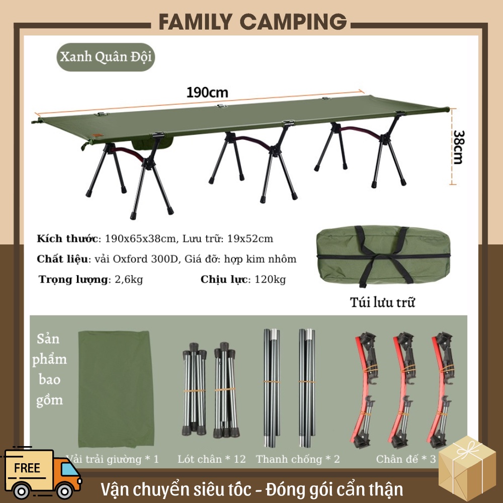 Giường gấp cắm trại hợp kim nhôm siêu bền gọn nhẹ có túi đựng tiện dụng dã ngoại, du lịch, văn phòng chính hãng