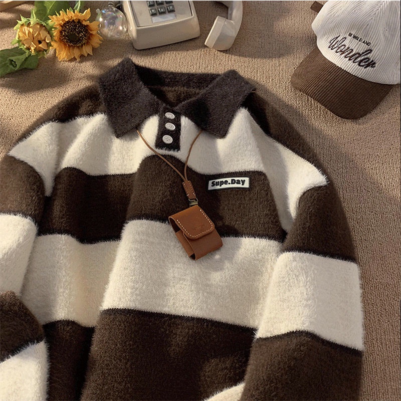 Áo Sweater Dệt Kim Dày Cổ Polo Kẻ Sọc Kiểu Retro Nhật Bản Thời Trang Thu Đông Cho Nam