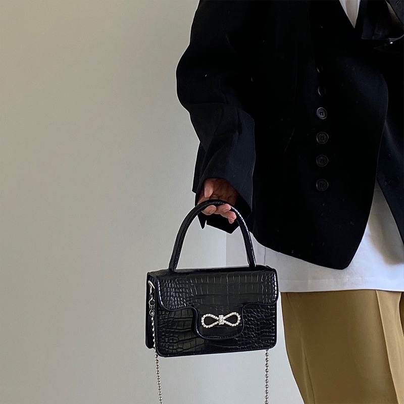 CHIC JOY❤Túi xách Messenger nữ họa tiết cá sấu dây nơ đeo vai lật đơn túi vuông nhỏ