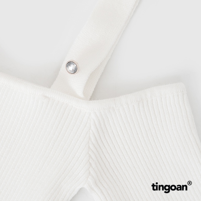 TINGOAN® - Áo trễ vai len xù buộc dây nơ vai cổ tay xẻ trắng BABY DOLL/WH