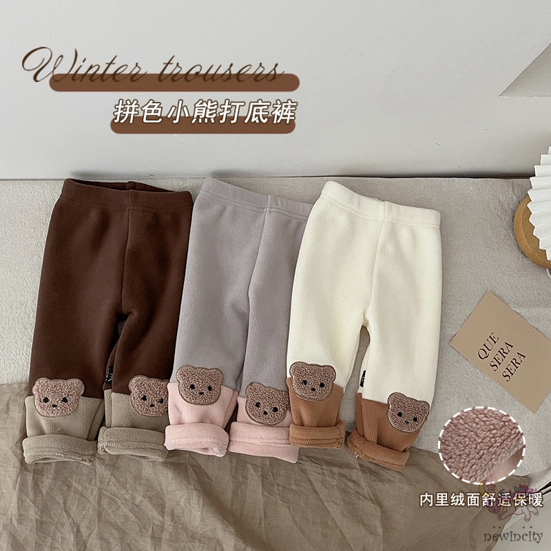 Quần Dài Đệm Nhung Dày Dặn In Họa Tiết Gấu Hoạt Hình Phong Cách Hàn Quốc Thời Trang Mùa Đông Cho Bé Trai