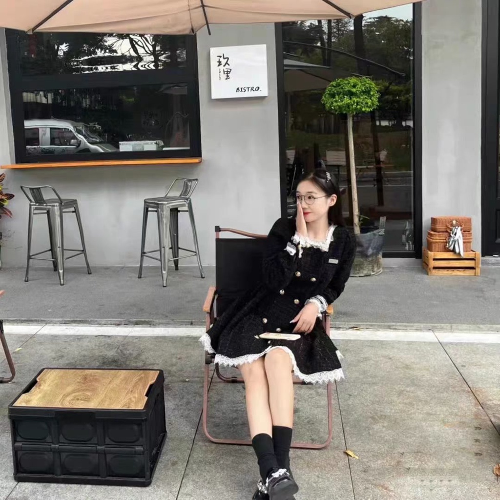 Xiaoxiang Đầm Ngắn Mùa Thu Hai Hàng Nút Cài Tay Dài Phối Màu Tương Phản Phong Cách Mới Cho Nữ