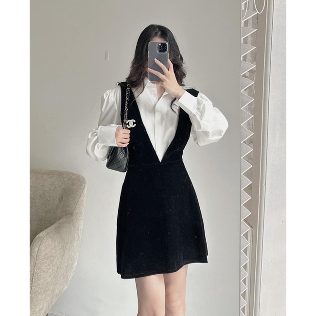 SET VÁY YẾM NHUNG 2211 MIX SƠMI TAY BỒNG TẶNG CÀI ÁO SIÊU XINH