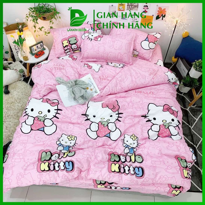 Bộ Chăn Ga Gối 4 Món Mẫu Hello Kitty Hồng Cotton Poly Nhiều Kích Thước M2/M6/M8/2M2 Hàn Quốc siêu Kute - Lá Xanh Decor