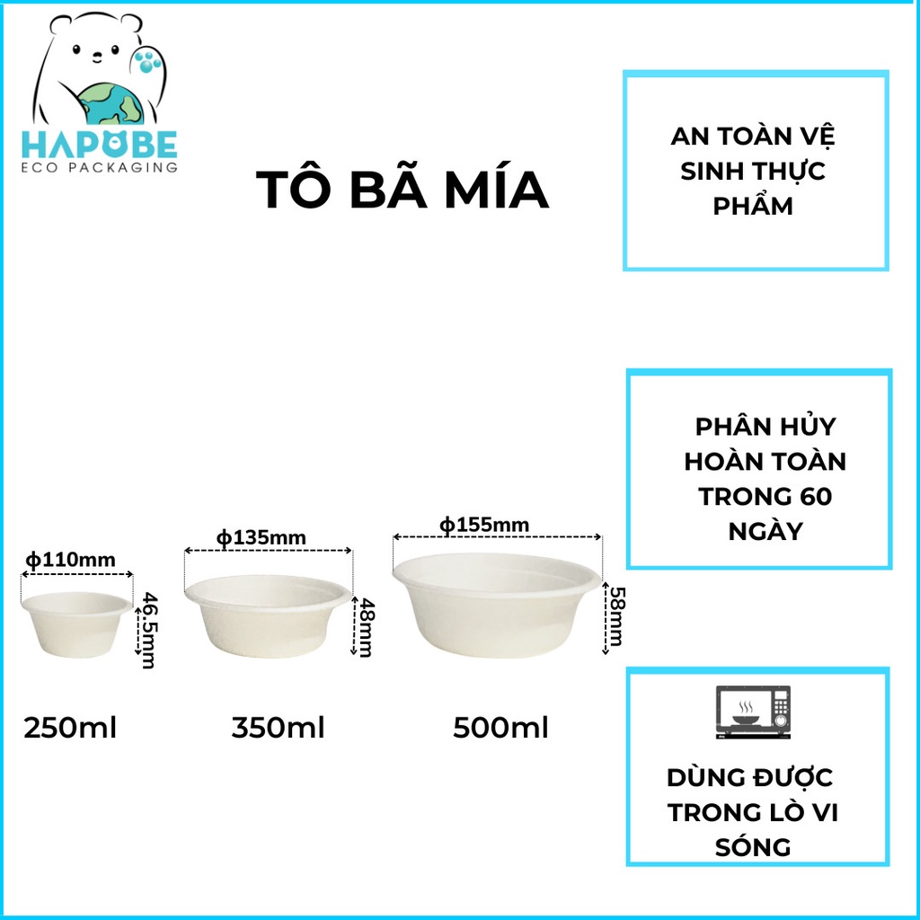 10 bát bã mía tô bã mía thấp thay bát ăn cơm dùng 1 lần Hapobe (3 size)