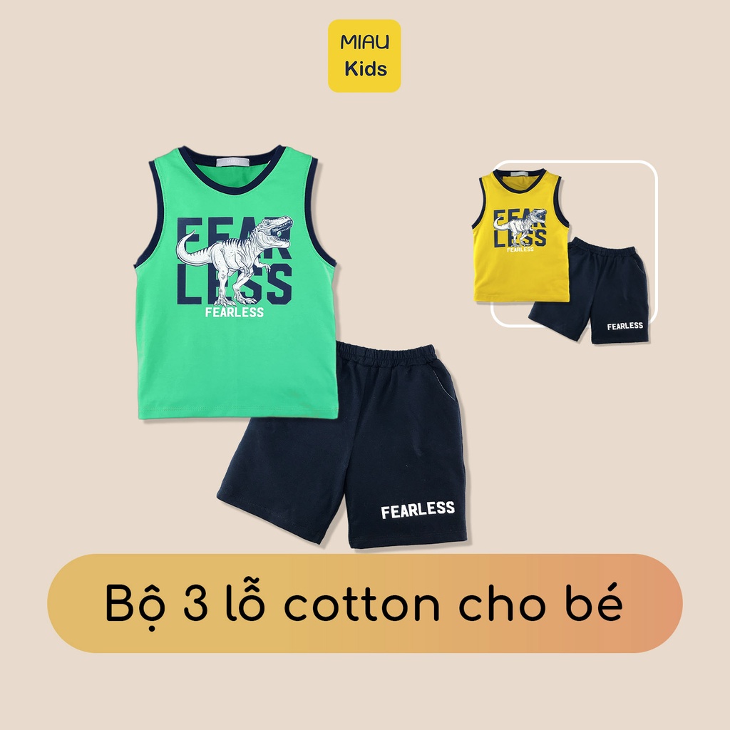 Bộ Ba Lỗ Cho Bé In Hình Khủng Long Fearless Cực Ngầu, Thun Cotton Mát Mịn Cho Bé Đến 55Kg Mặc Nhà Đi Học Đi Chơi