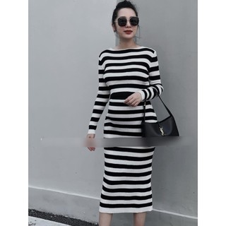 Set len kẻ ngang đen trắng dài tay cho nữ