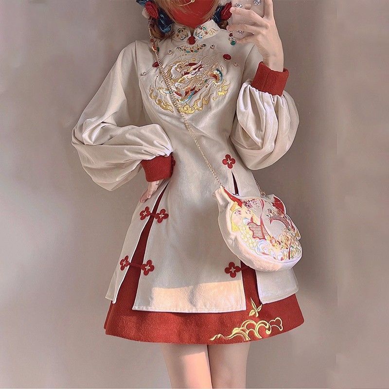 Đầm Giả Hai Mảnh Eo Đỏ Thêu Họa Tiết Phong Cách Trung Hoa Ngọt Ngào Mừng Năm Mới