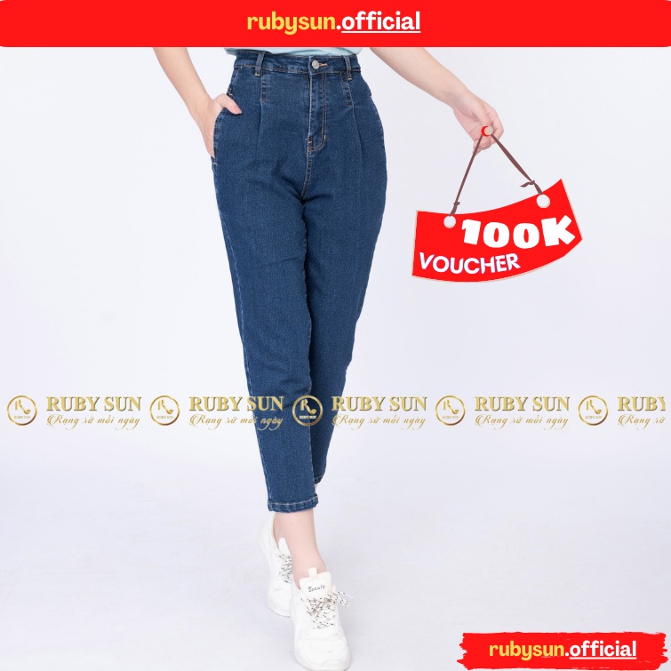 Quần Jean Baggy Nữ Ruby Sun màu xanh cạp cao tôn dáng co giãn 4 chiều