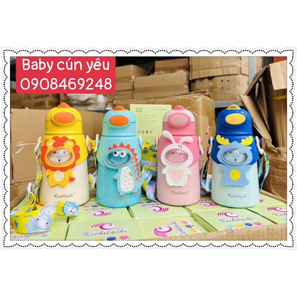 Bình Nước Giữ Nhiệt Cho Bé Kichilachi, Bình Nước Giữ Nhiệt 500ml Bằng Thép Không Gỉ 316 Với Họa Tiết Dễ Thương