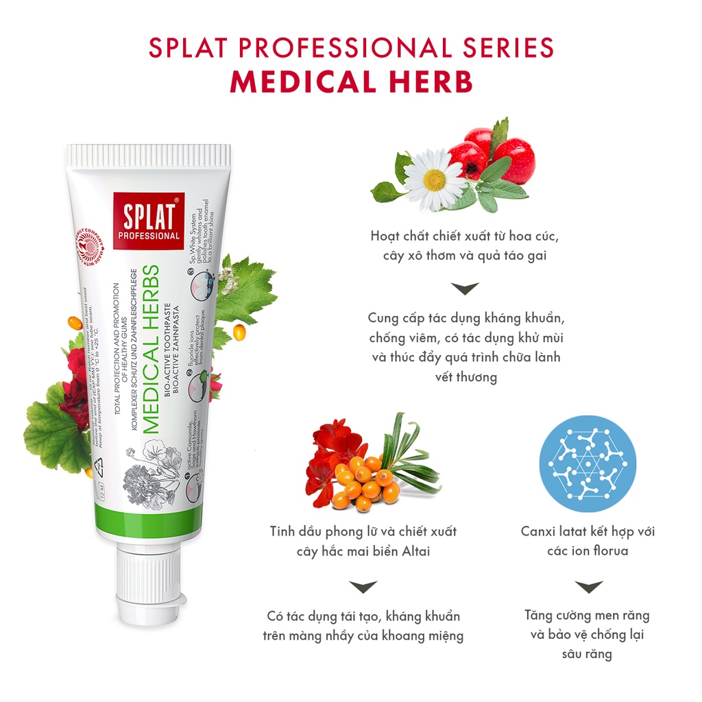 Kem Đánh Răng SPLAT Medical Herbs Professional series chứa nhiều tinh chất bảo vệ nướu và đánh bóng men răng 20ml.