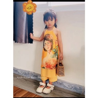 Set áo dài cách tân cổ yếm cho bé gái