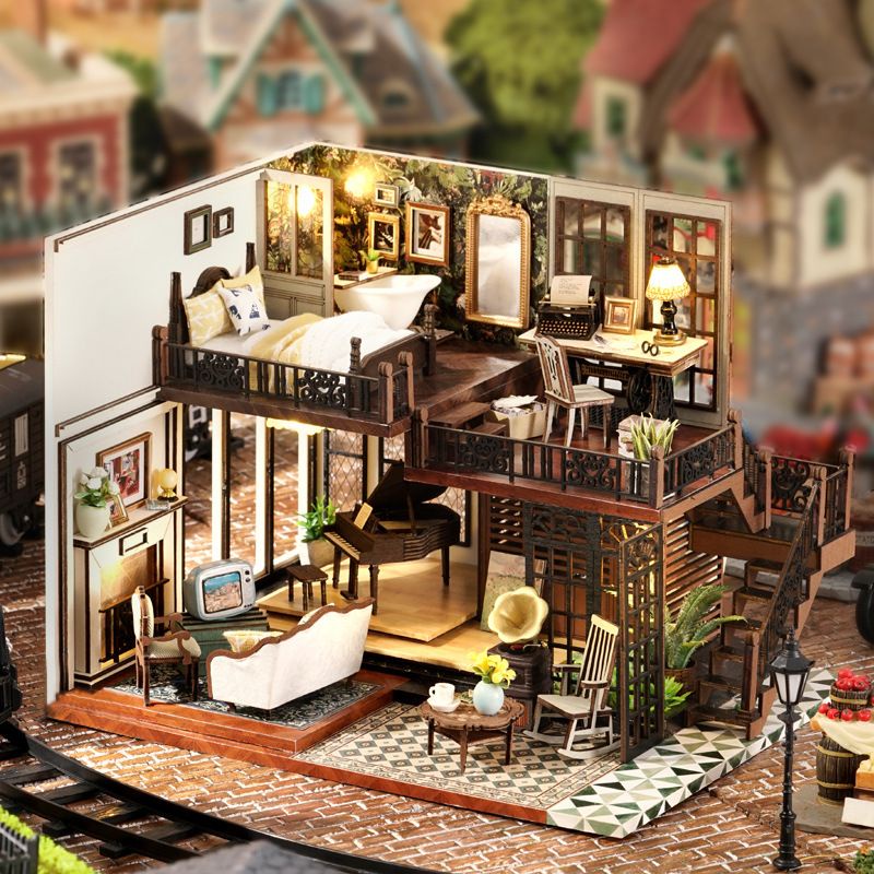 Kèm Mica và keo dán gỗ - Mô hình nhà gỗ búp bê lắp ráp Dollhouse DIY - LV002 Vintage House
