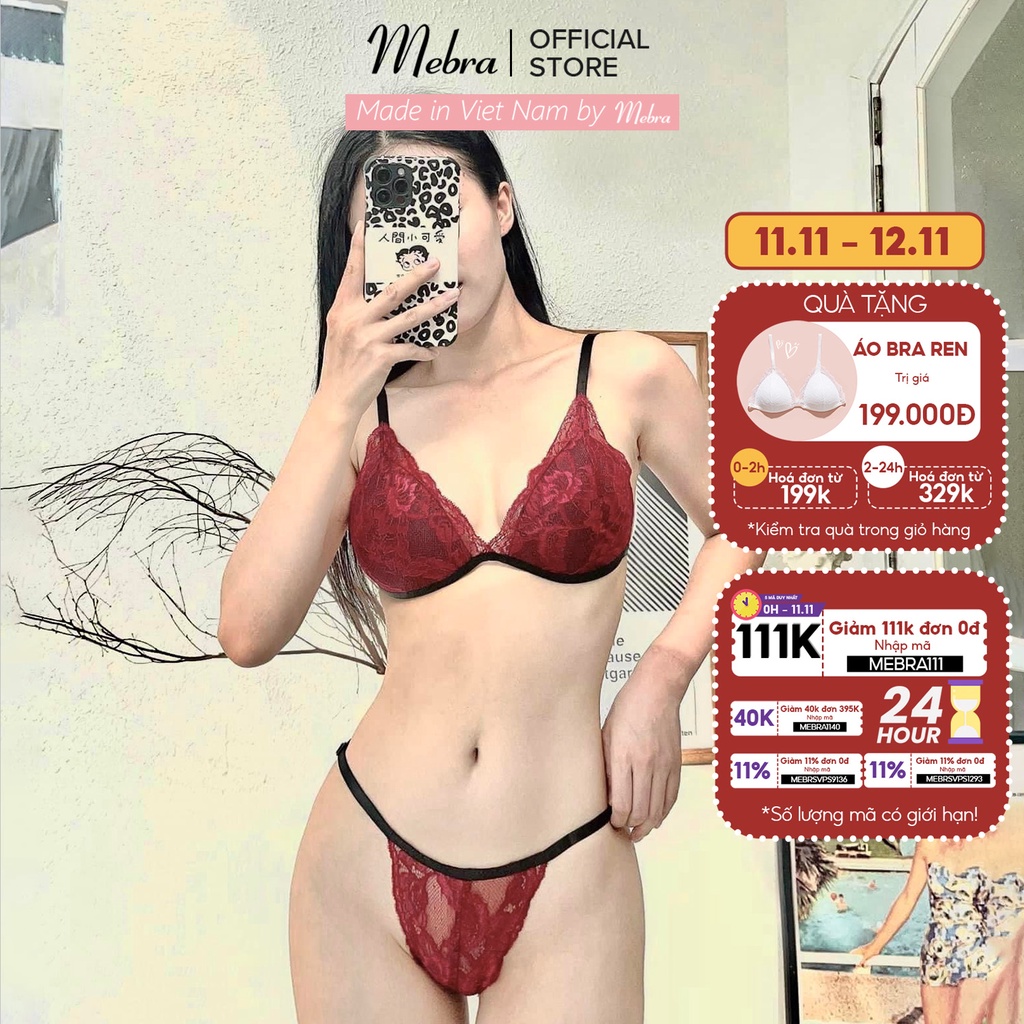 Set đồ lót ren hoa đỏ gợi cảm bra ren mỏng quần dây có tăng đơ điều chỉnh co giãn thoải mái Mebra S012Q