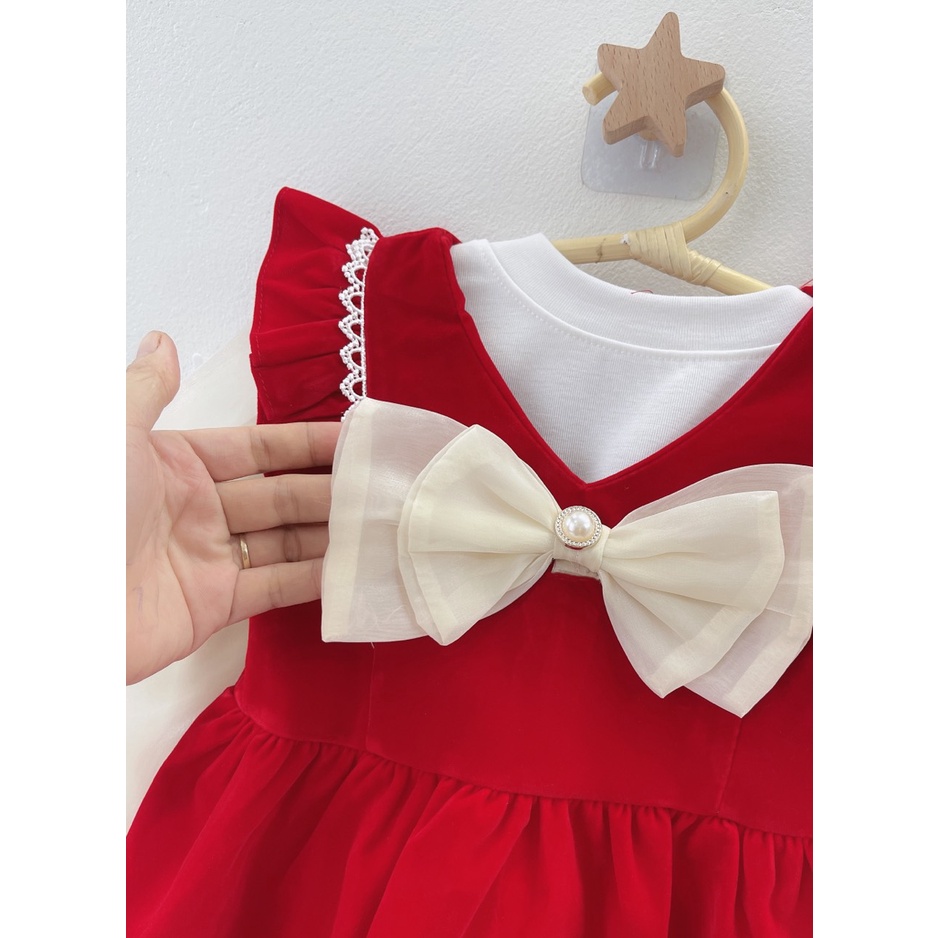 Váy Nhung đỏ cho bé gái, Set váy thu đông cho bé gái diện tết diện noel siêu dễ thương từ 7 - 20kg