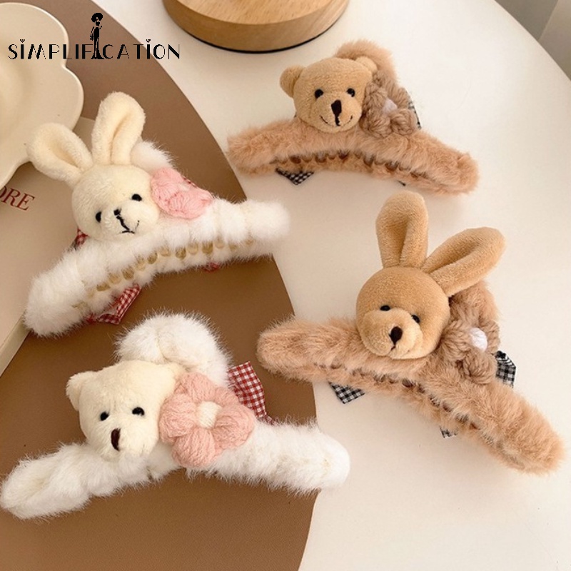 Kẹp Tóc Càng Cua Lớn Hình Gấu / Thỏ / Cá Mập Bằng Lông Nhung Đính Nơ Hoạt Hình Kiểu Hàn Quốc