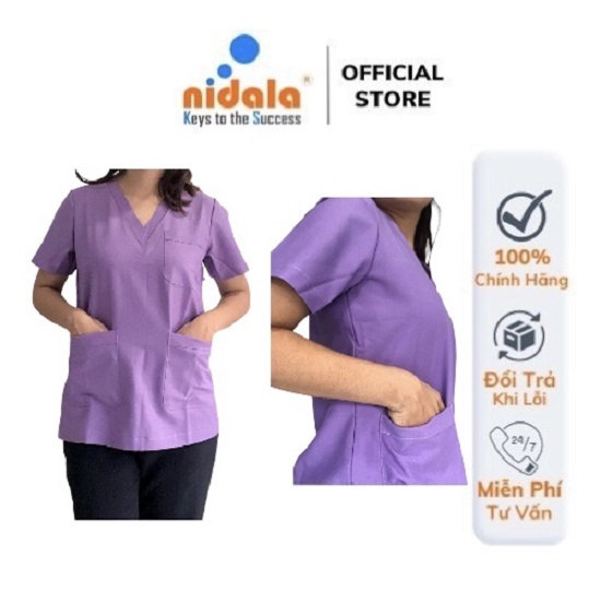 Bộ áo quần Scrubs Nidala cổ tim màu tím bác sĩ, phòng khám, phòng mổ, đồng phục spa, thẩm mỹ viện cao cấp