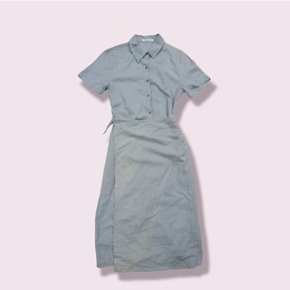 Đầm dài tay ngắn màu xanh jean thiết kế độc đáo mặc nhiều kiểu dáng, hàng secondhand