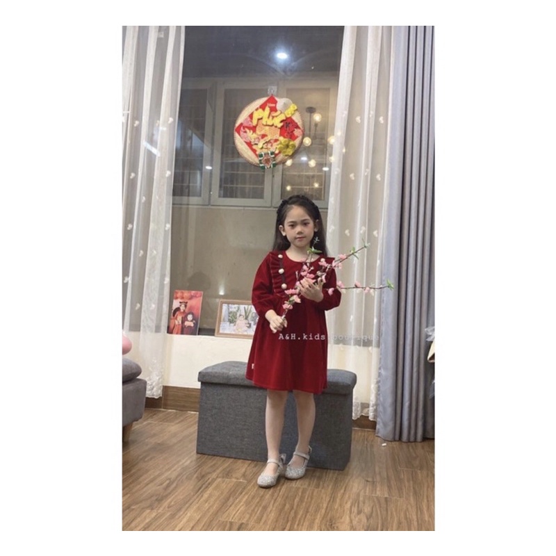 Đầm nhung tăm đỏ hoa lụa dài tay cho bé