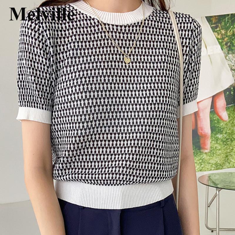MELVILLE Áo thun nữ dệt kim tay ngắn cổ tròn nhiều màu tùy chọn đơn giản thời trang