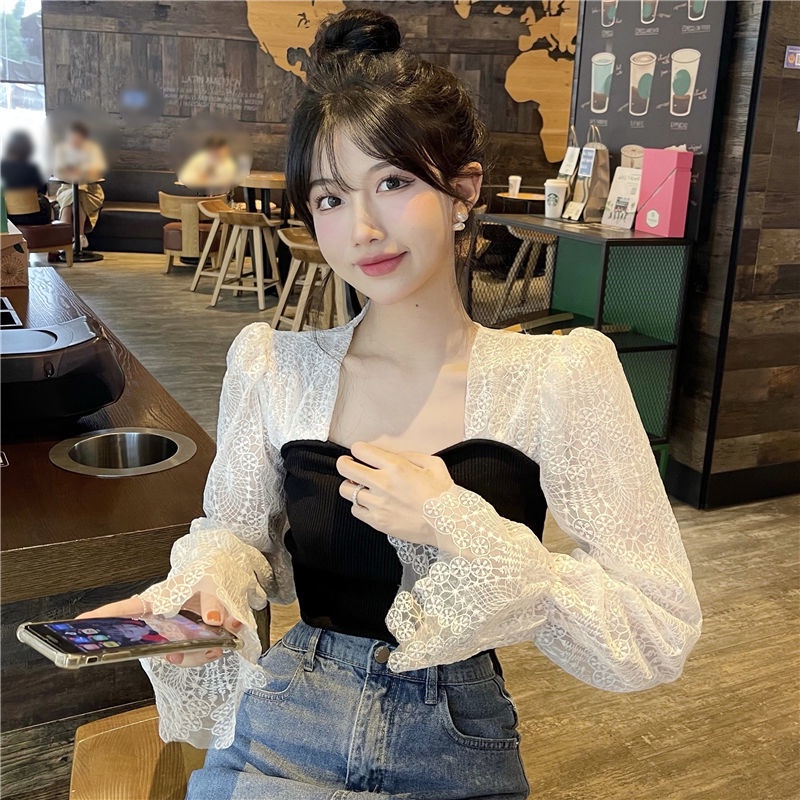 Jiashucheng Áo Thun Tay Dài Cổ Vuông Phối Ren Siêu Nữ Tính Phong Cách Mới Mùa Thu