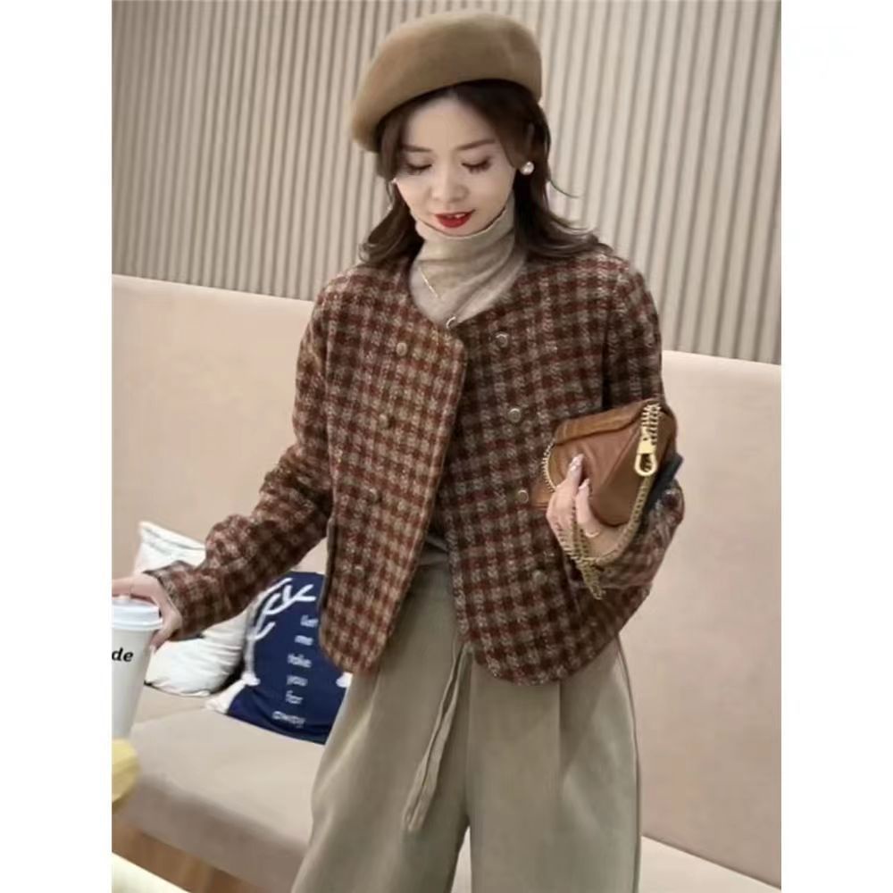 Plus Áo Khoác Cotton Ngắn Kẻ Sọc Caro Tay Dài Cổ Tròn Hai Hàng Nút Cài Thời Trang Thu Đông Hàn Quốc 2022 Cho Bạn Gái