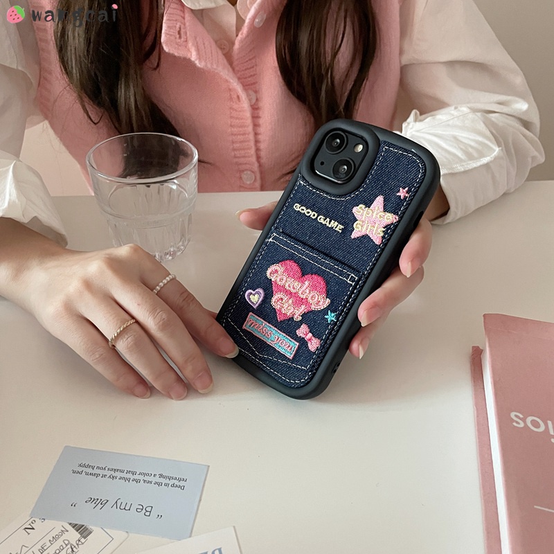 Ốp Điện Thoại Denim Thêu Hình Cô Gái / Ngôi Sao / Nơ Chống Sốc Cho iPhone 14 Plus 14 13 12 11 Pro Max