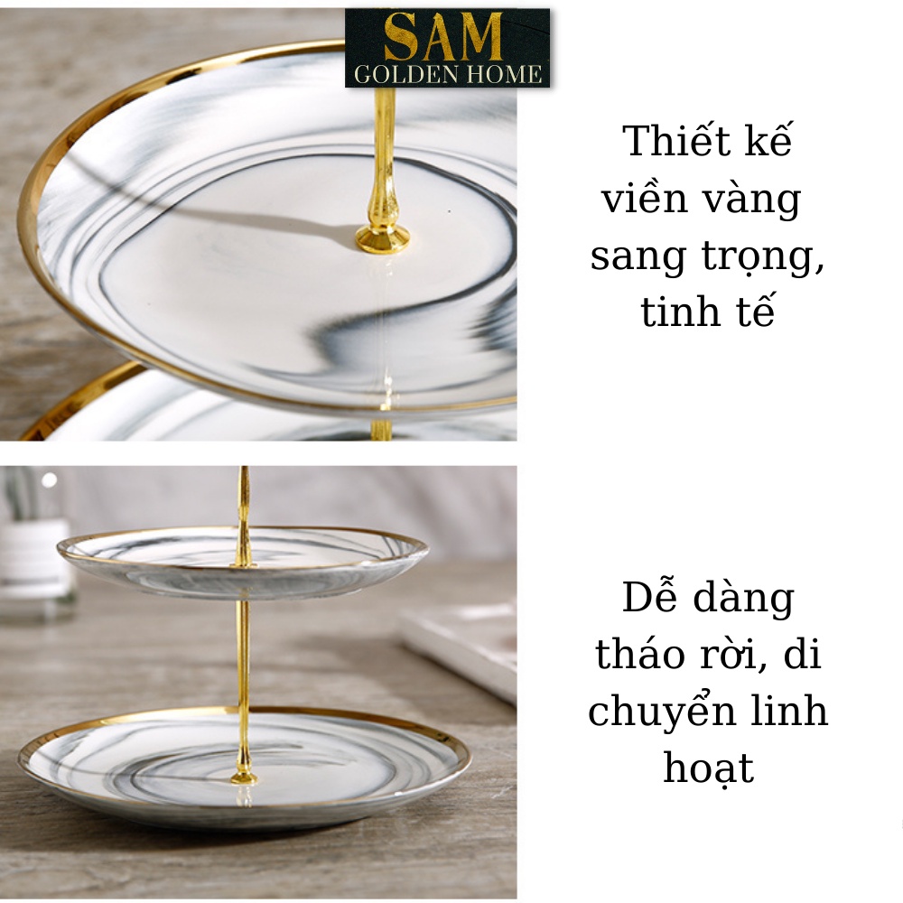 Khay Đĩa 3 Tầng Pylu Hình Tròn Sứ Tráng Men Mạ Vàng Vân Đá Đựng Bánh Mứt, Hoa Quả, Trái Cây Cao Cấp