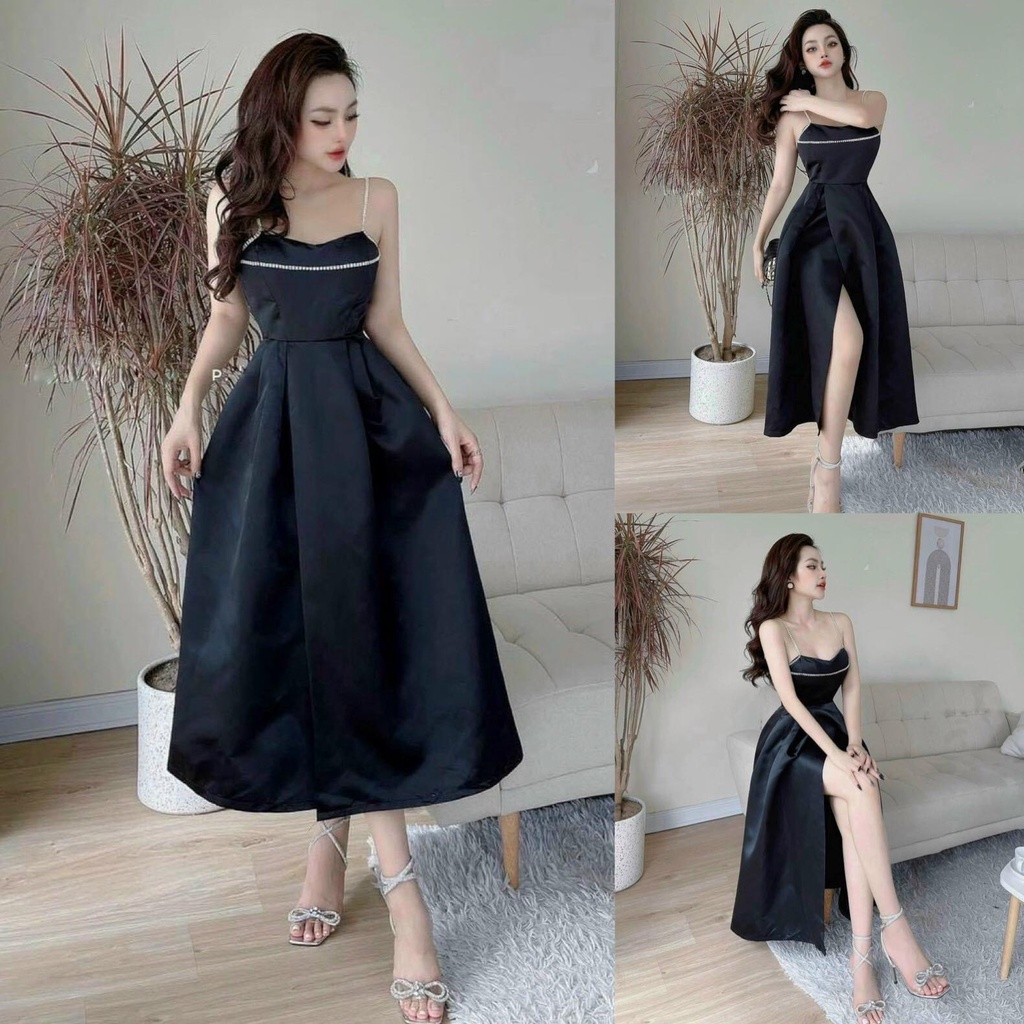 Váy đầm dạ hội hai dây kèm mút phối dây cườm dáng dài thời trang nữ dự tiêc dạ hội, đầm dự tiệc sang trọng YADO V145